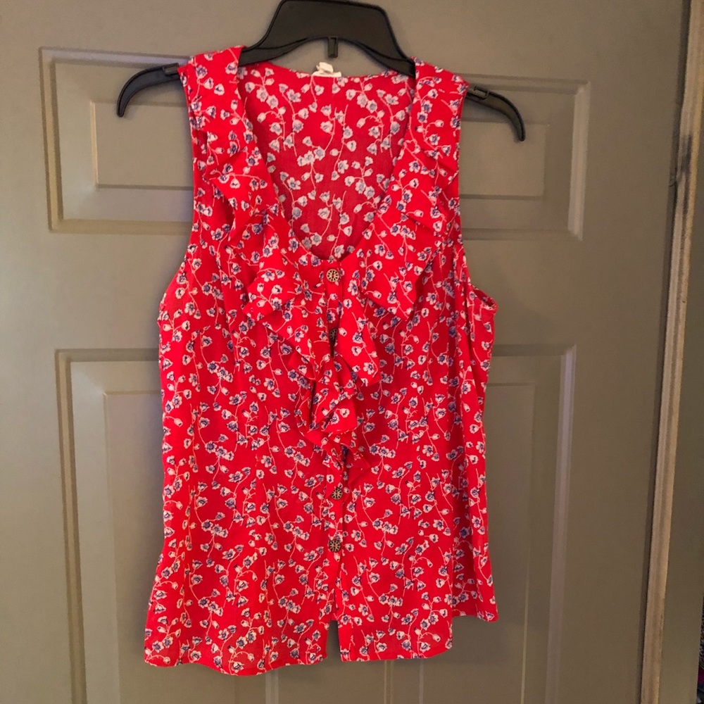 Red floral sleeveless blouse